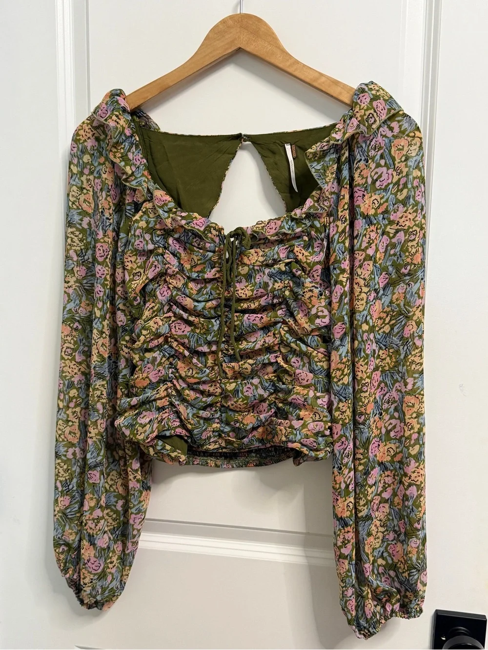 Free People Olive Multi Floral Ruffled Ruched Blouse
